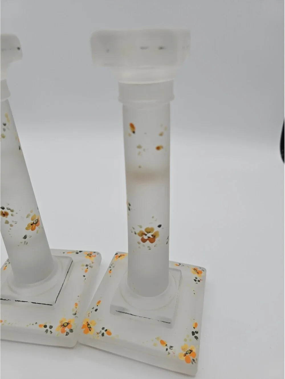 Vintage Hand Painted Satin Frosted Glass Candlestick Holders Pair Floral